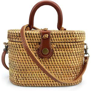 Stonewood Women Leather Rattan  Tote Top Handle Natural Chic Shoulder Bag